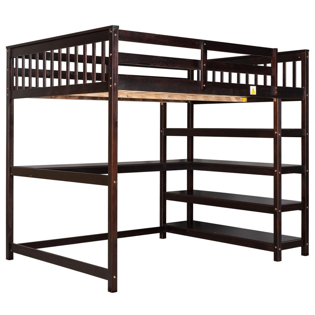 Full Size Loft Bed with Storage Shelves and Under-bed Desk  Espresso