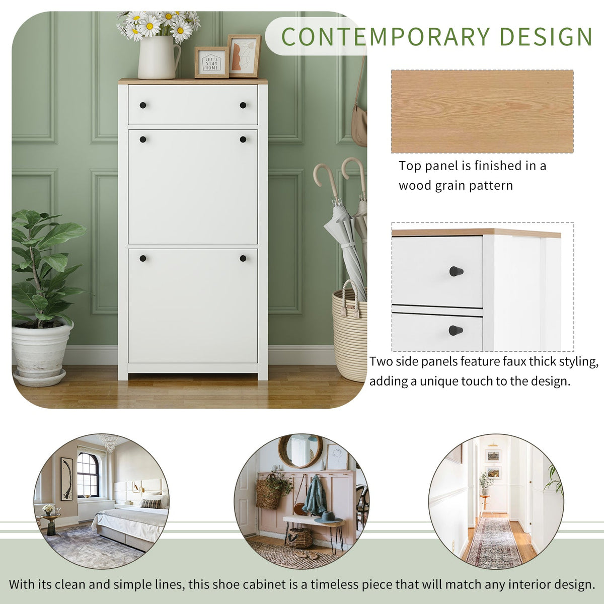 ONTREND with 2 flip drawers, top shoe cabinet with drawers, independent shoe rack with adjustable panel, white