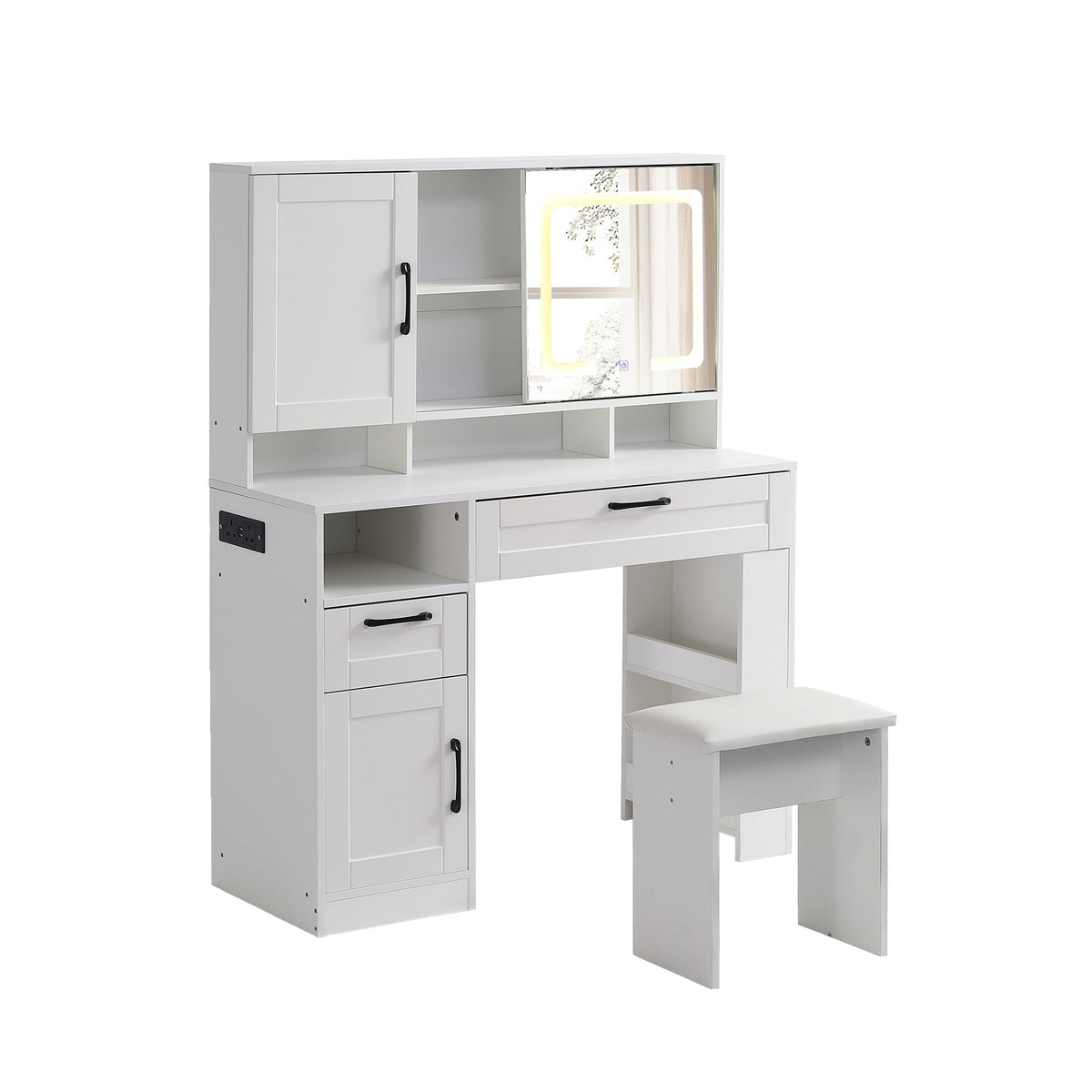 Vanity table with large sliding lighted mirror dressing table with 2 drawers storage shelves and upholstered stool white color
