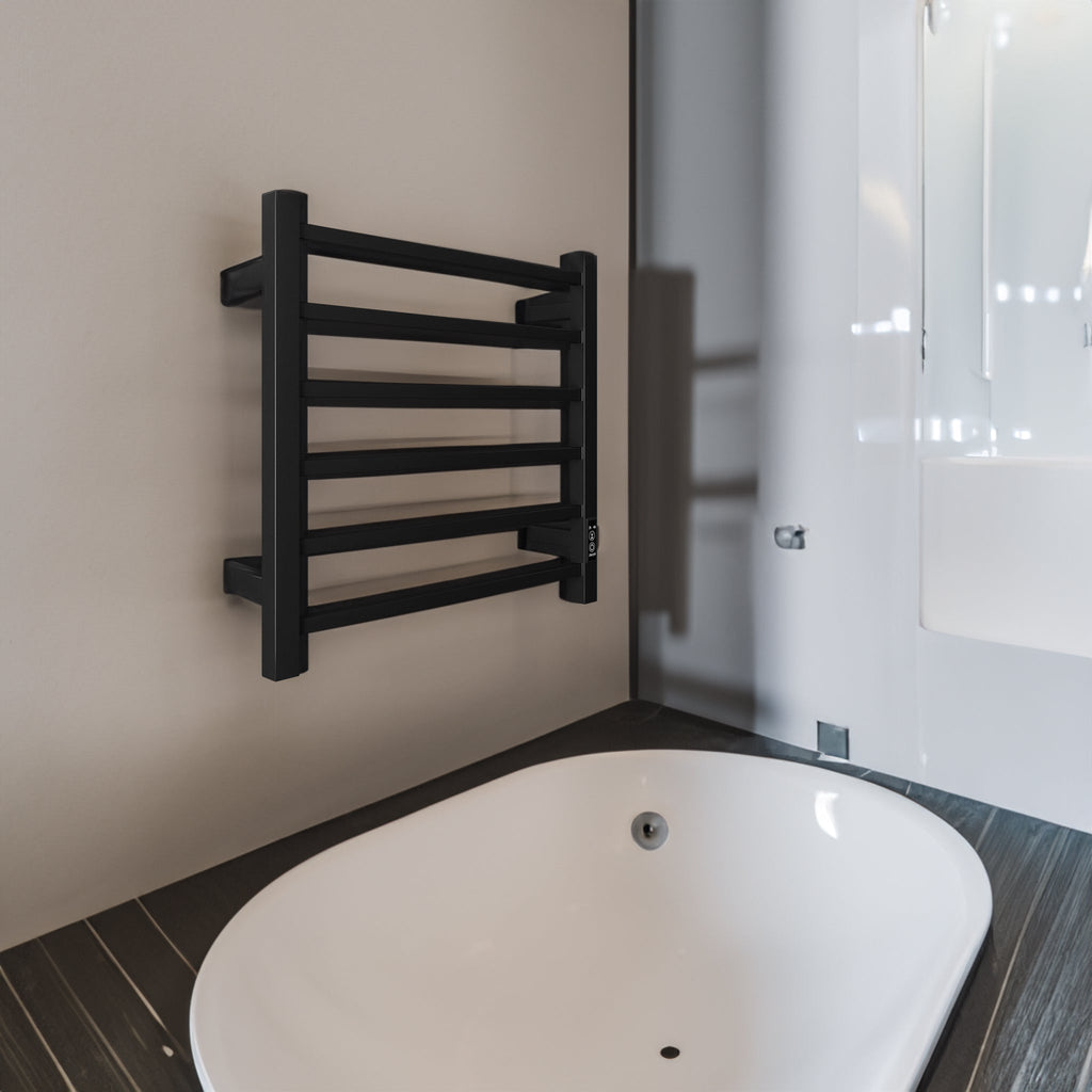 Towel Warmer 6 Bar Electric Heated Towel Rack Wall Mount Plug-in/Bath Towel Heater Matt-Black - Timer
