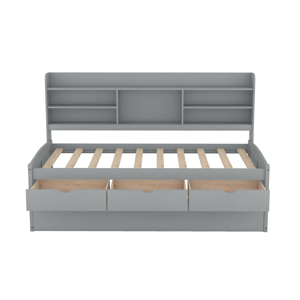 Twin Size Wooden Captain Bed with Built-in Bookshelves,Three Storage Drawers and Trundle Light Grey