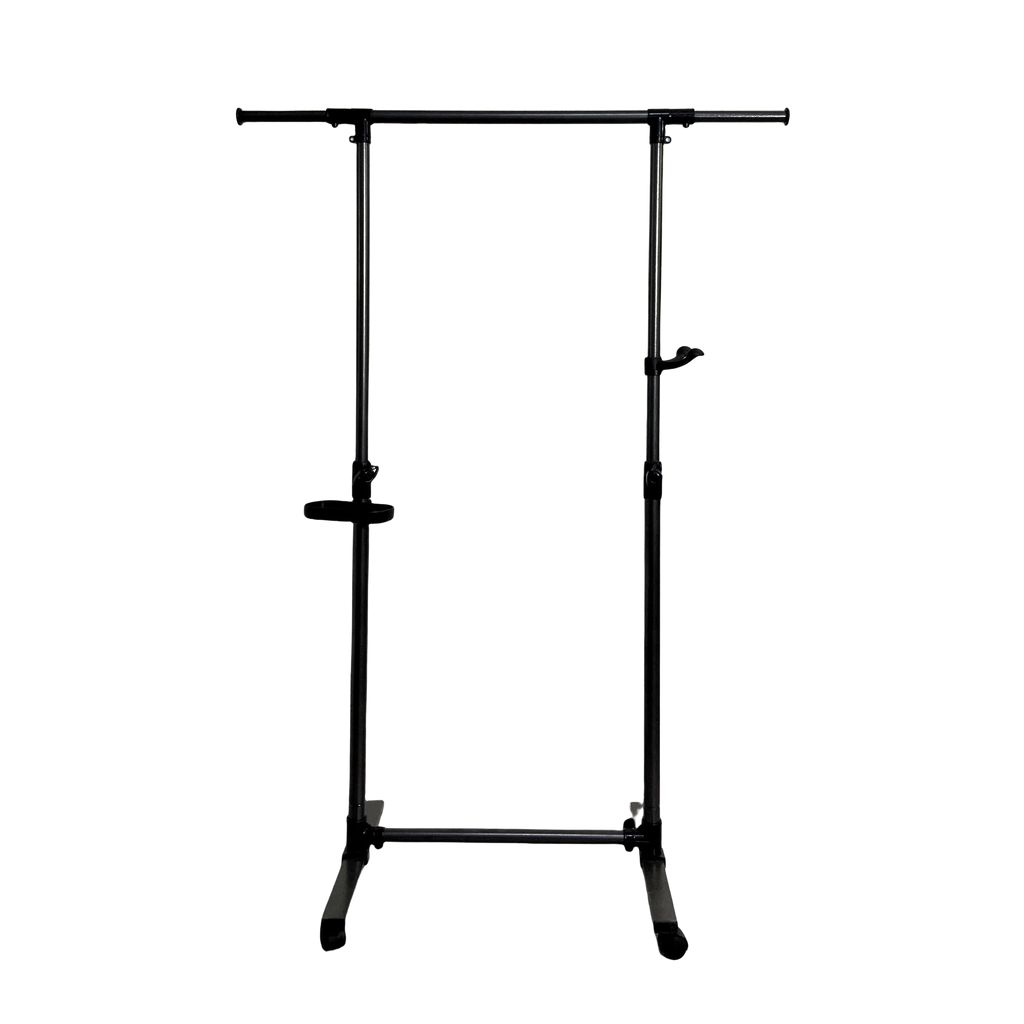 Short clothes hanger with chassis and wheels, heavy-duty rolling clothes hanger, black