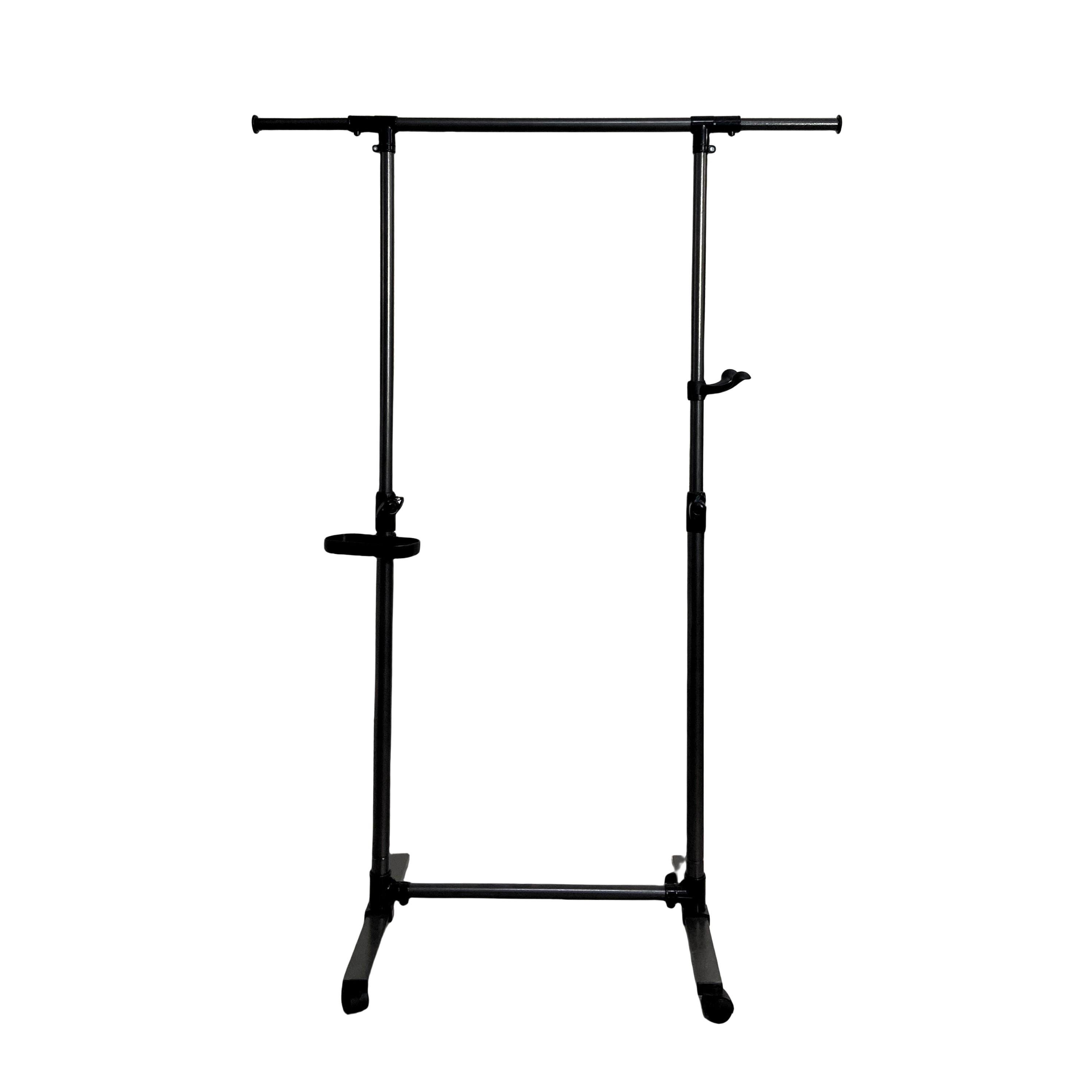 Short clothes hanger with chassis and wheels, heavy-duty rolling clothes hanger, black