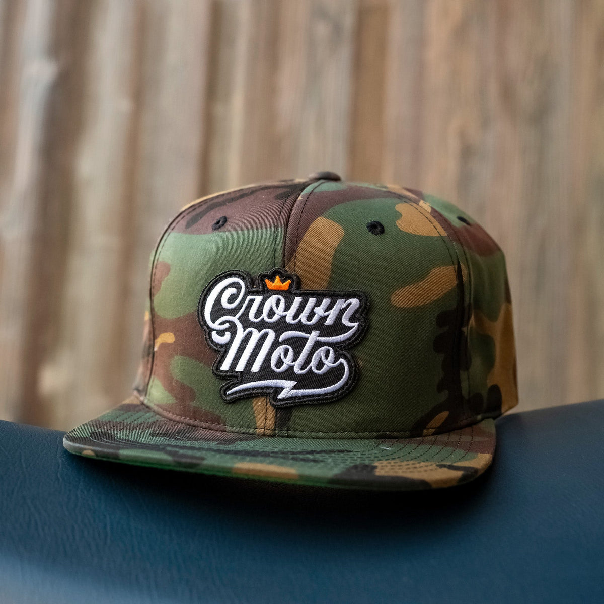 Crown Moto Script Camo Snapback Hat