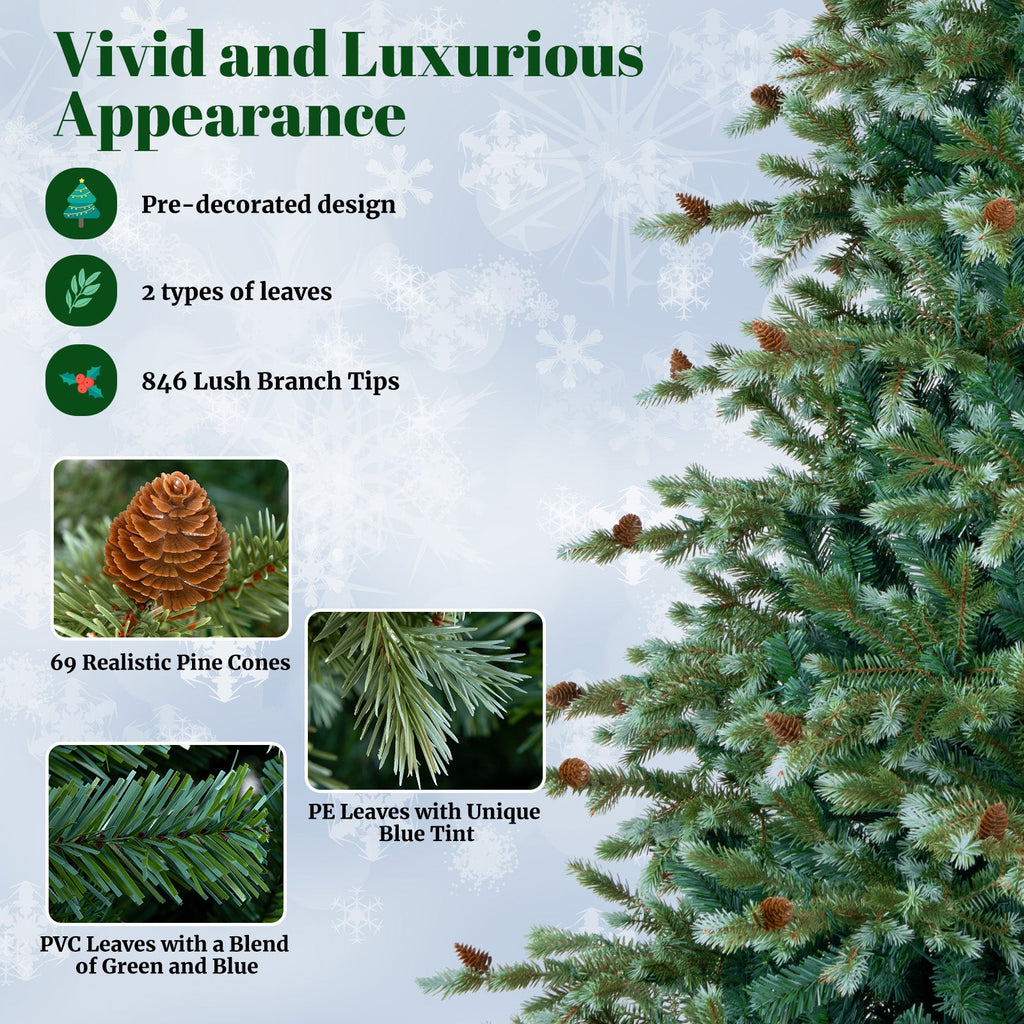 6/7/8 Feet Christmas Tree with Warm White LED Lights and Pine Cones