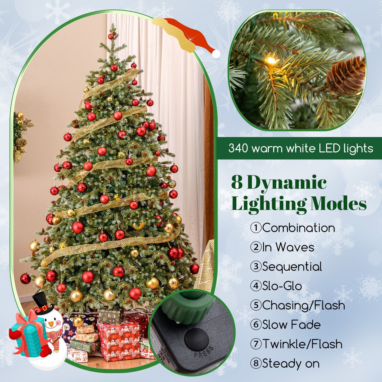 6/7/8 Feet Christmas Tree with Warm White LED Lights and Pine Cones