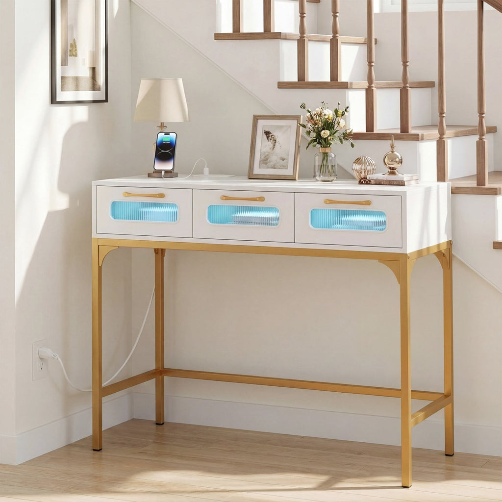 Console Table with LED Lighting and Charging Station for Living Room and Hallway