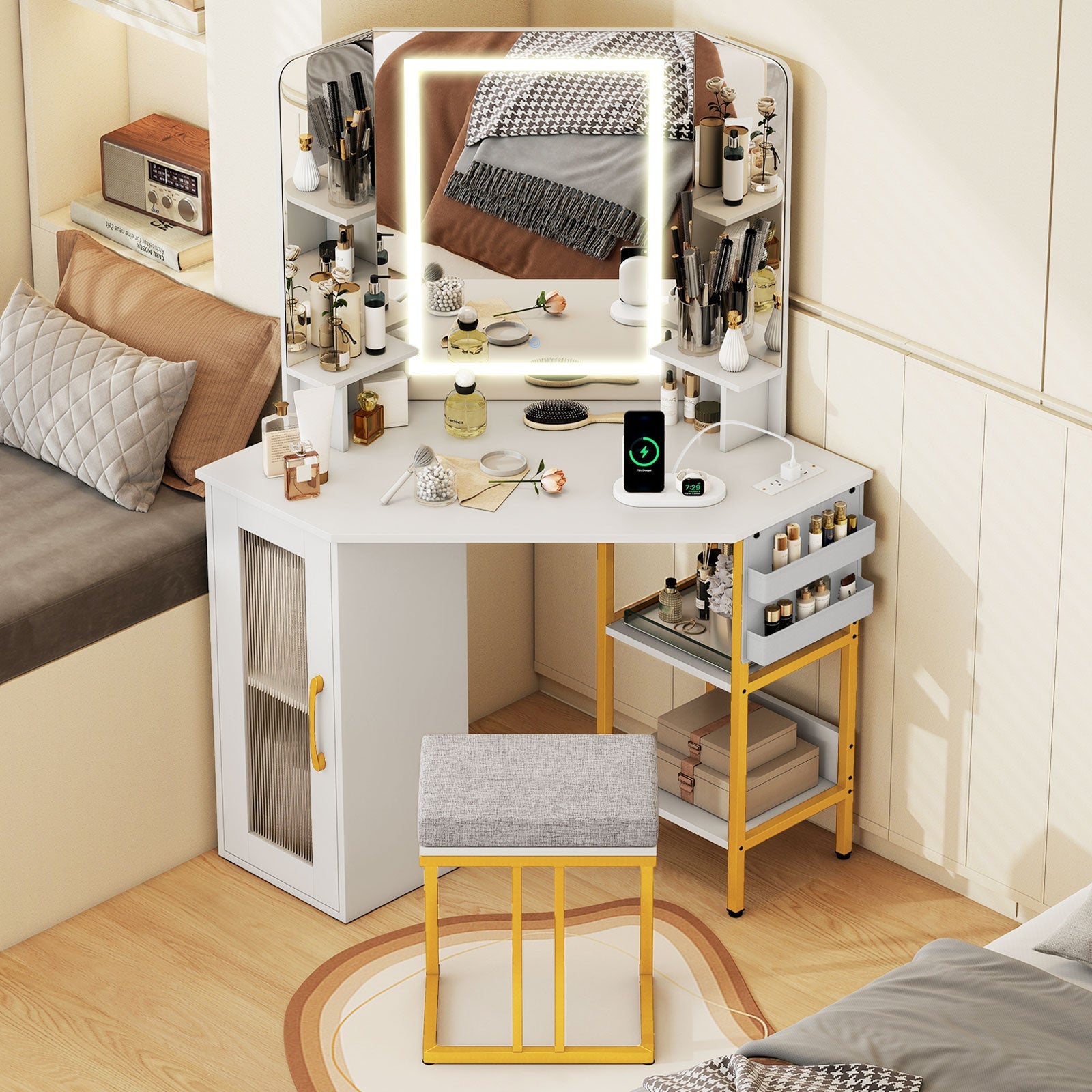 Corner Vanity Desk with Mirror and Lights Makeup Dressing Table with Triple Mirror-White