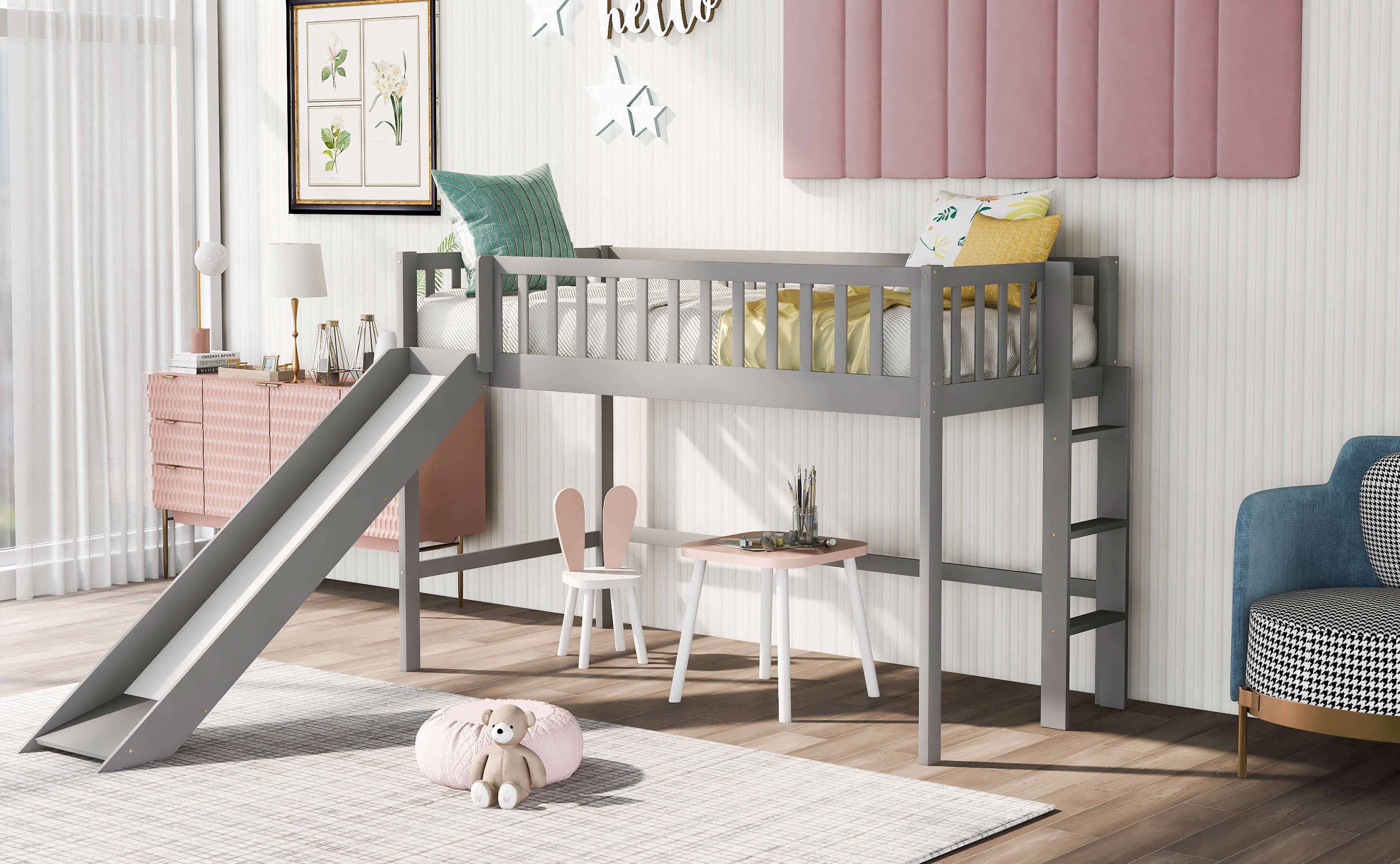 Twin Size Low Loft Bed with Ladder and Slide  Gray