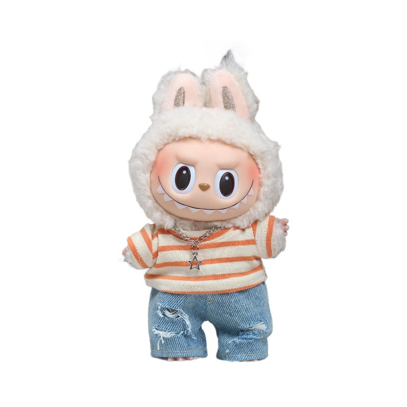 Clothing Only Labubu Doll Clothes T-Shirt with Ripped Jeans Heartfelt Macaron