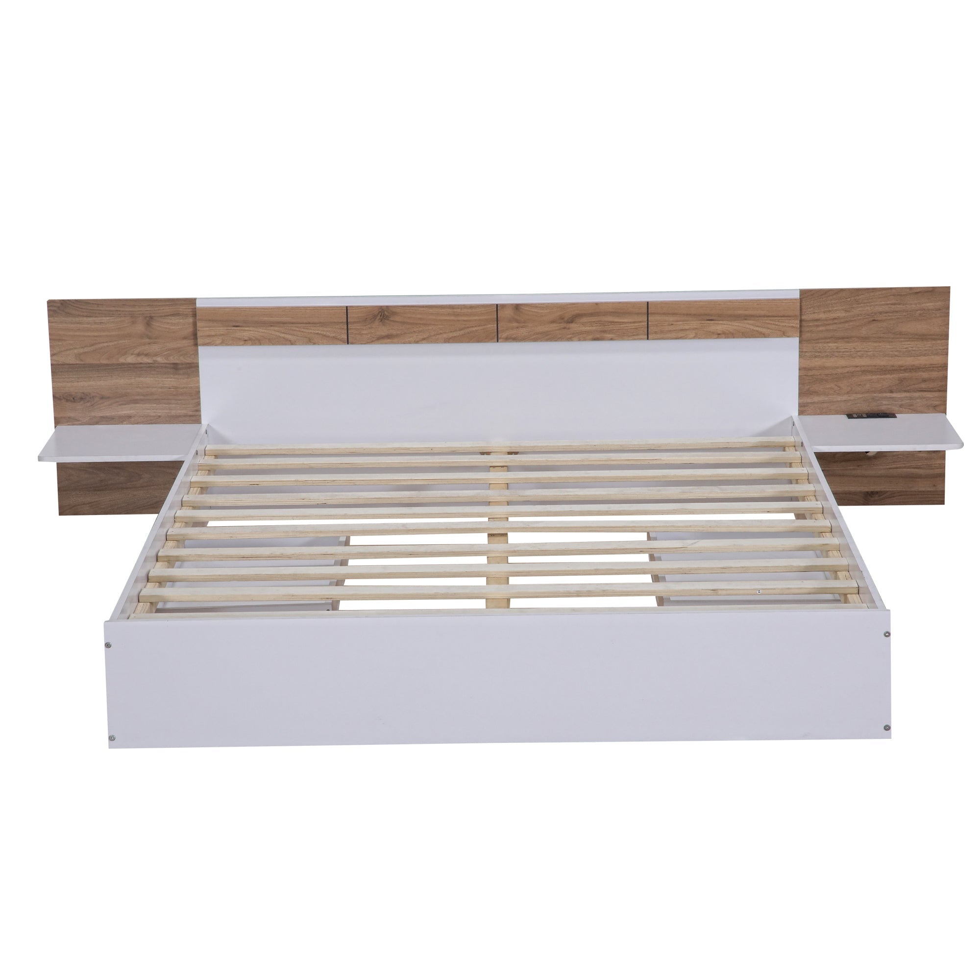 Queen Size Platform Bed with Headboard, Drawers, Shelves, USB Ports and Sockets  White