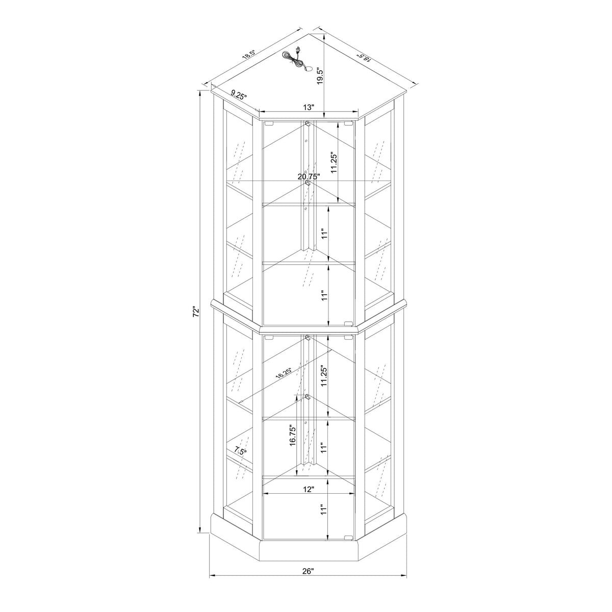 6 shelves corner Curio display cabinet with light mirror and adjustable shelves, walnut wood (excluding E26 light bulbs)