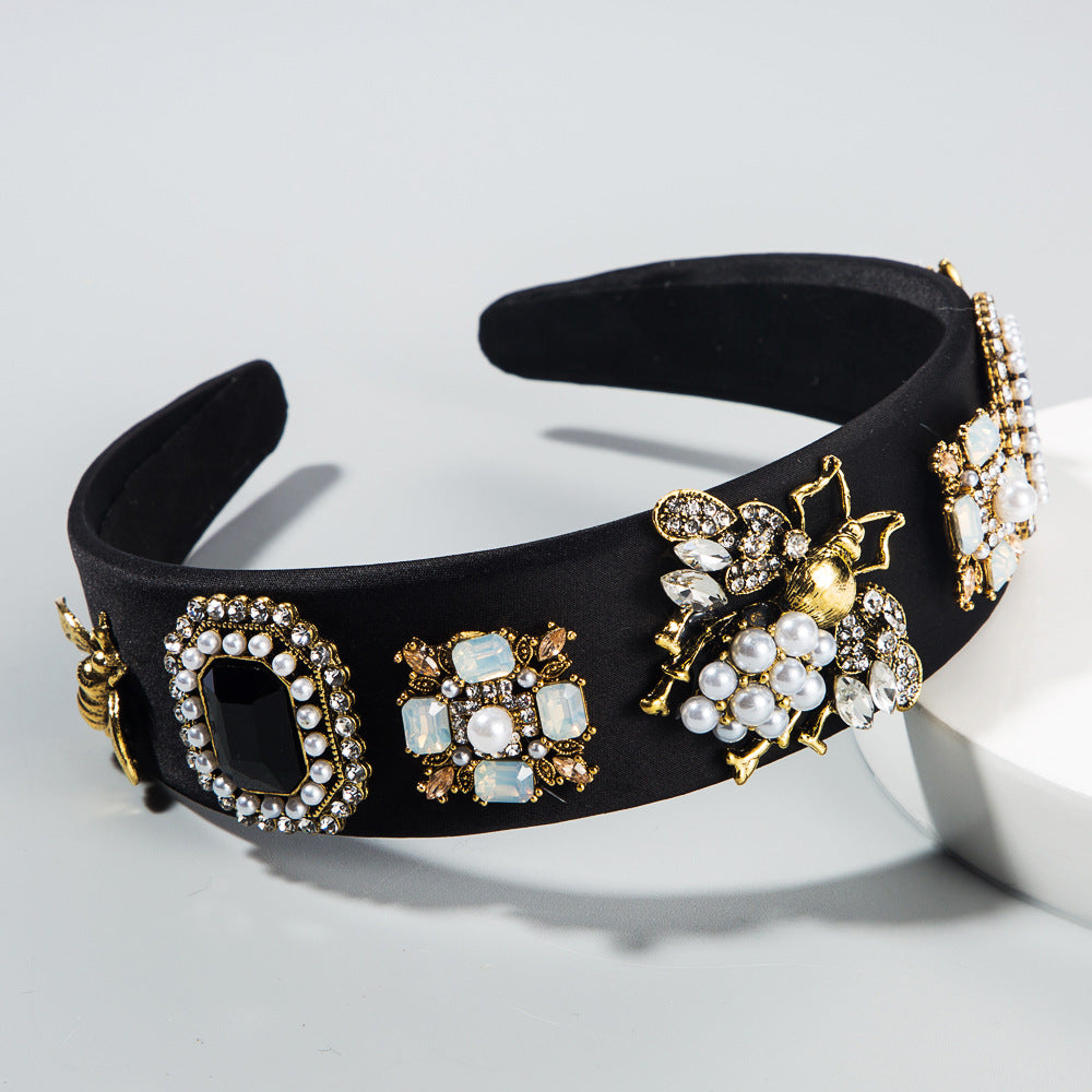 Creative Baroque Headband With Rhinestones Pearl Headband Bee Colorful Fabric Garland Headgear