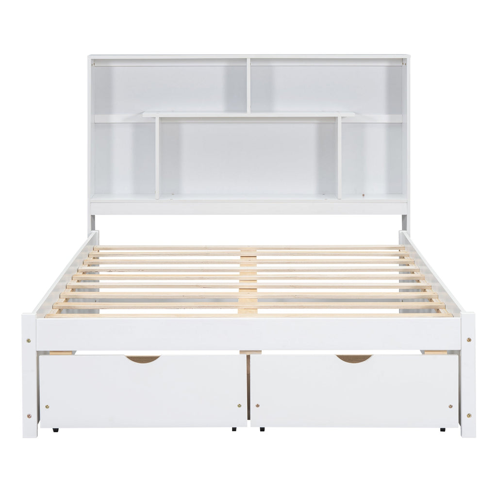 Full Size Platform Bed with Storage Headboard and 2 Drawers, White