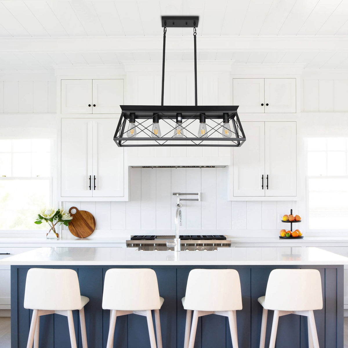 5-light farmhouse pendant light, metal pendant light island fixture, modern rectangular island light, pure black (no bulb)