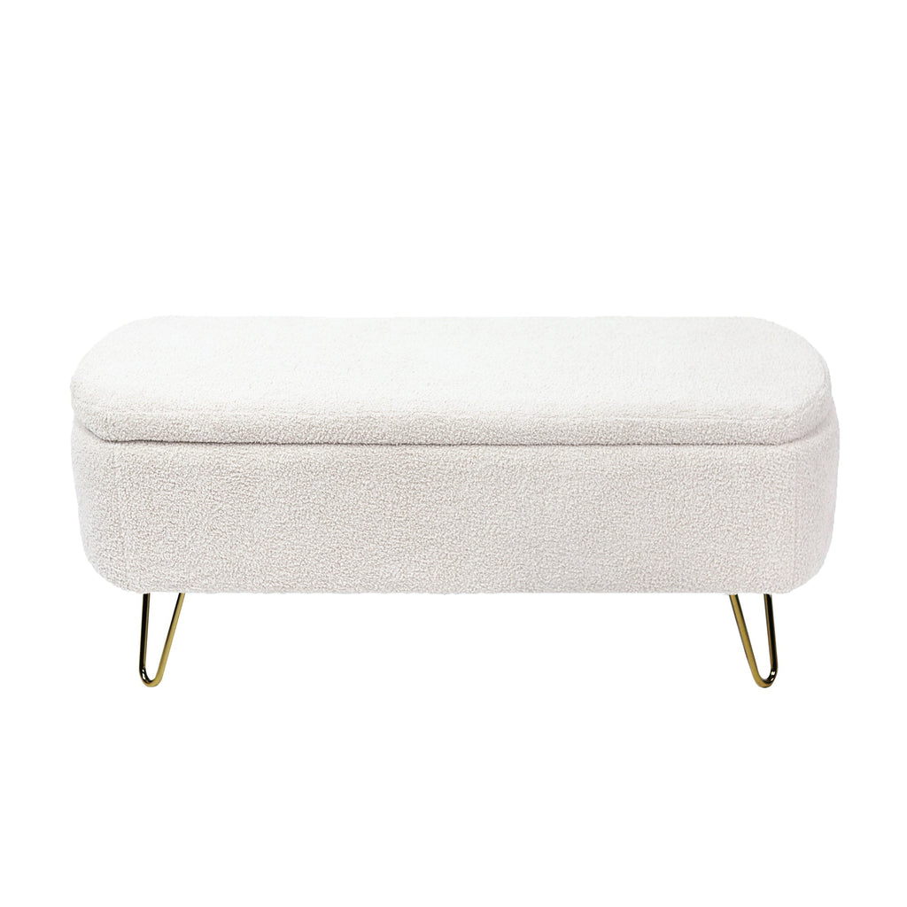 Ivory White Storage Ottoman Bench for End of Bed Gold Legs