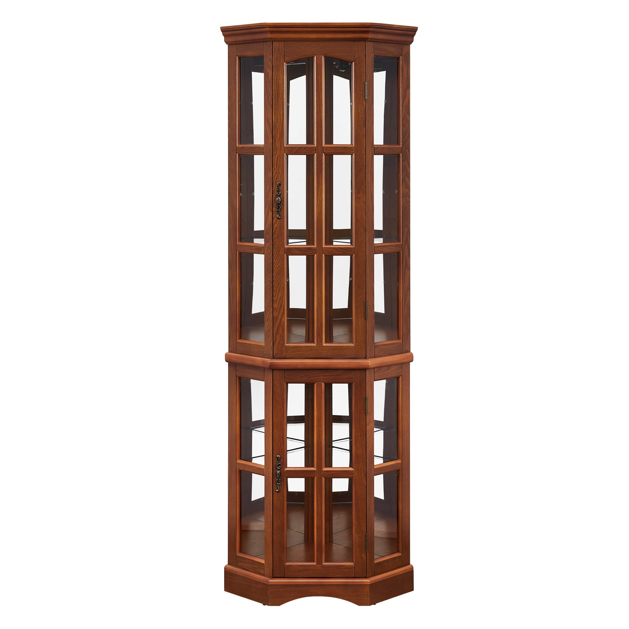 Corner Curio Cabinet with 5 Shelves and Lighting System, Oak(E26 light bulb not included)