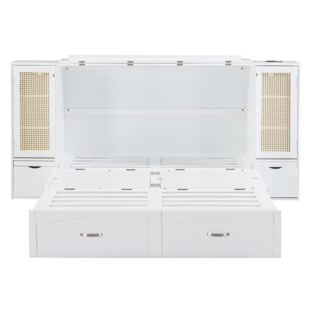 Large Murphy bed wall mounted bed with drawers, 2 storage cabinets, 1 set of sockets and USB ports, white