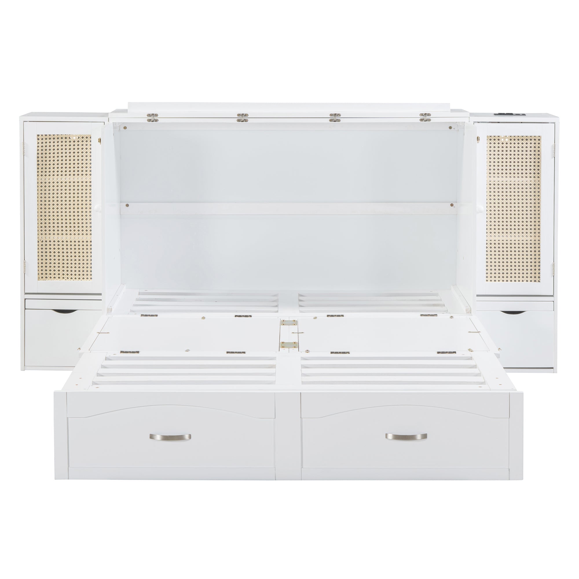 Large Murphy bed wall mounted bed with drawers, 2 storage cabinets, 1 set of sockets and USB ports, white