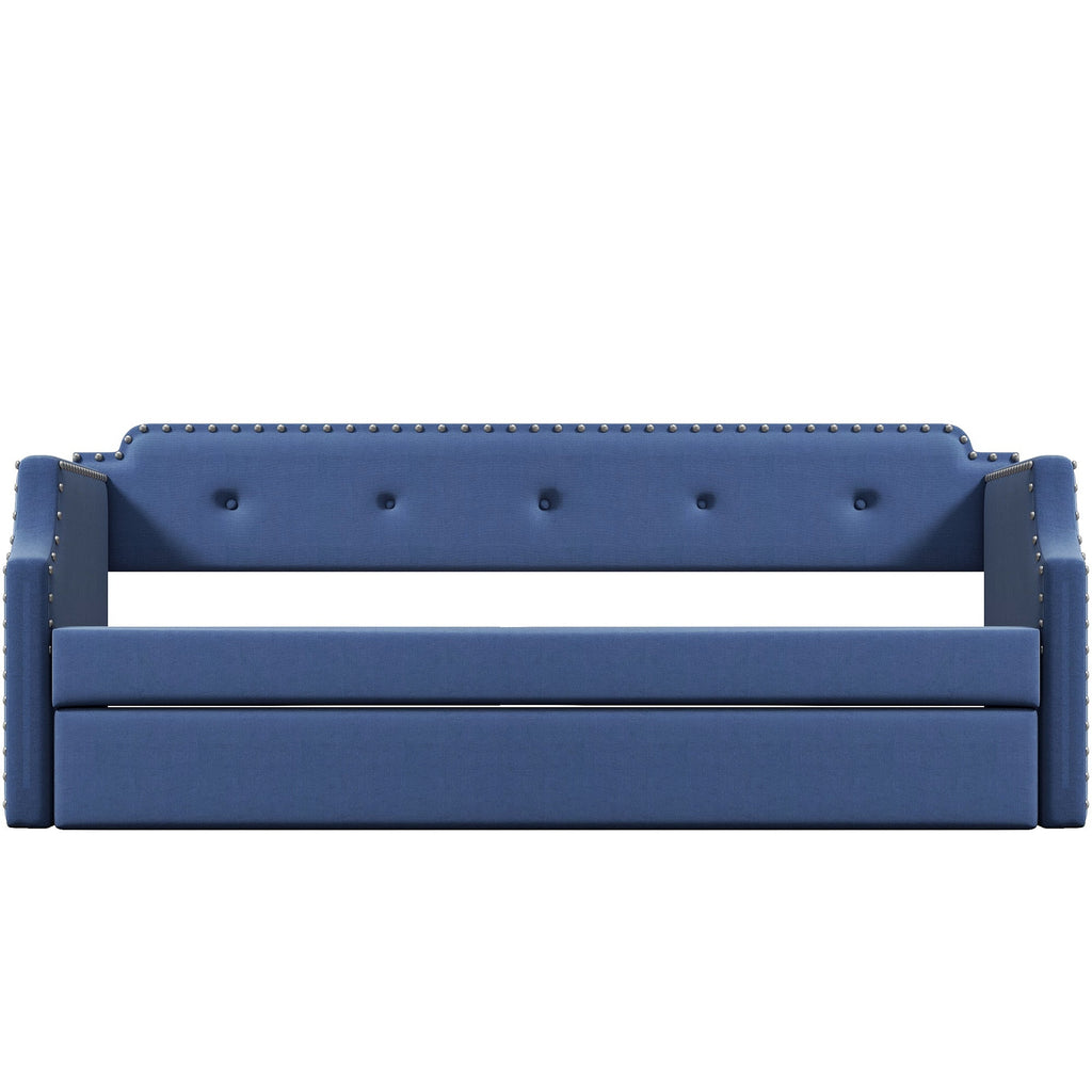 Upholstered Daybed with Trundle, Wood Slat Support,Upholstered Frame Sofa Bed Twin Blue