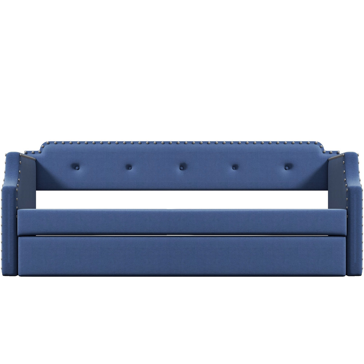 Upholstered Daybed with Trundle, Wood Slat Support,Upholstered Frame Sofa Bed Twin Blue