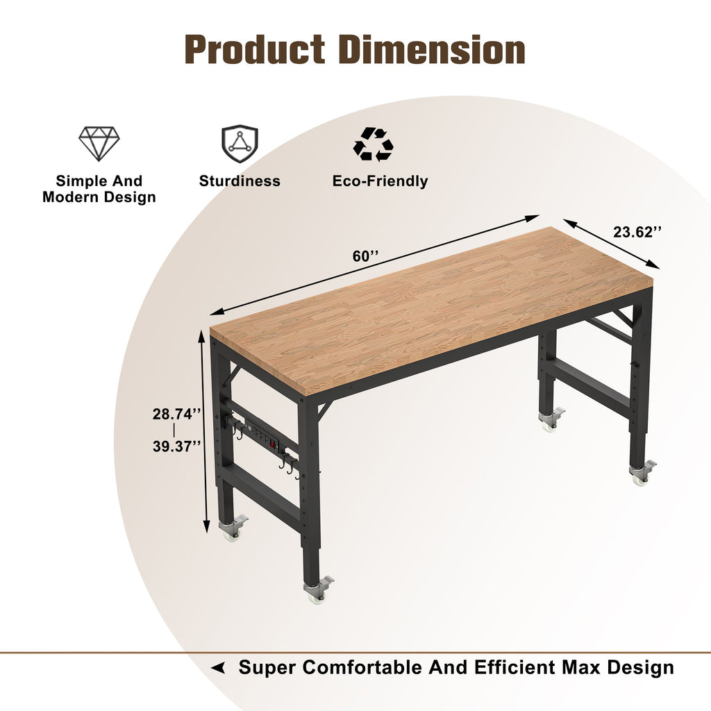 60 inch adjustable garage workbench, rubber wood heavy-duty workstation with power socket and wheels, 2000 pound load capacity