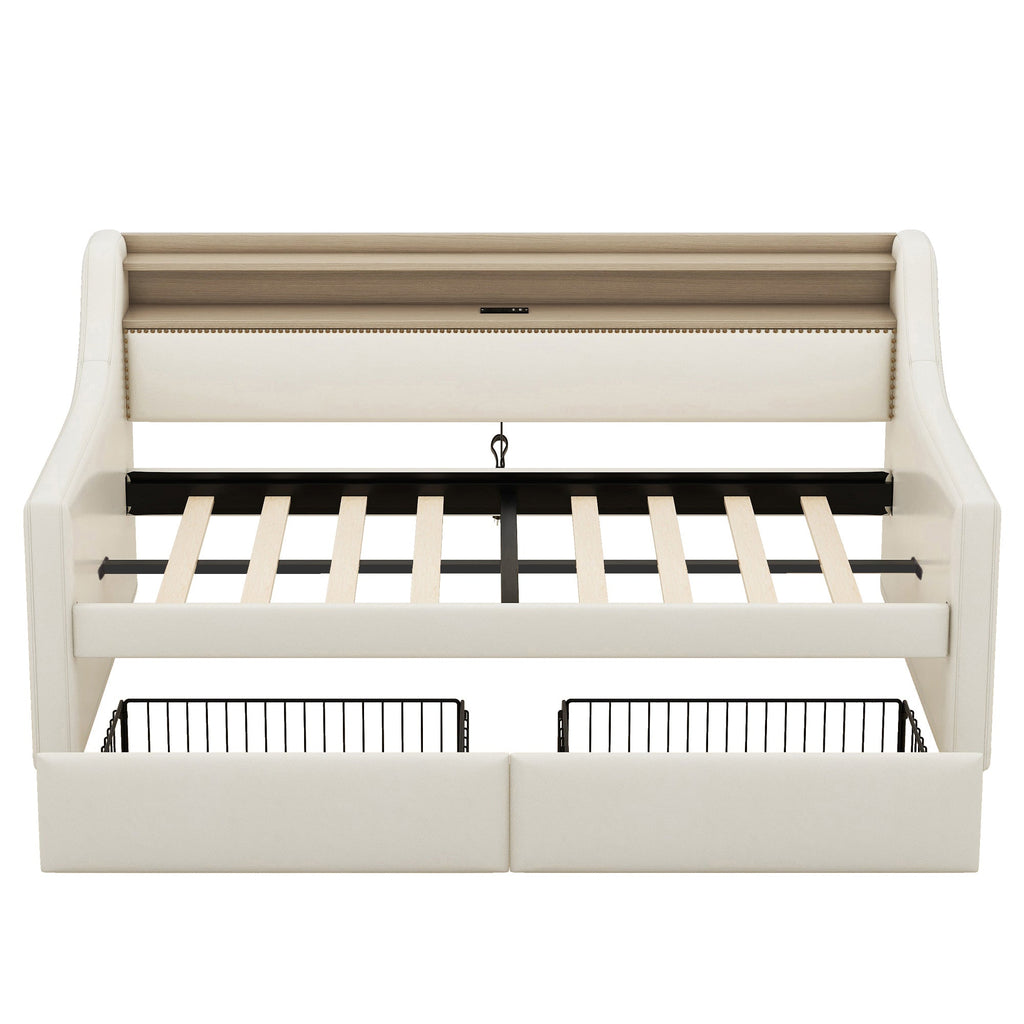 Twin Size Daybed with Storage Drawers, Upholstered Daybed with Charging Station and LED Lights, Beige