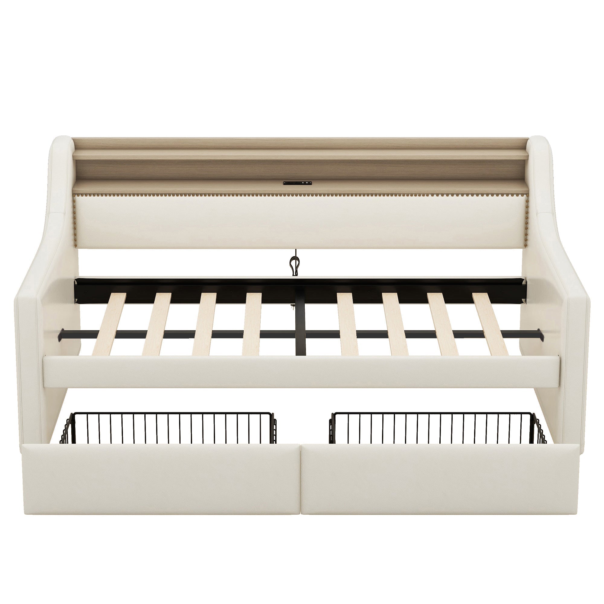 Twin Size Daybed with Storage Drawers, Upholstered Daybed with Charging Station and LED Lights, Beige