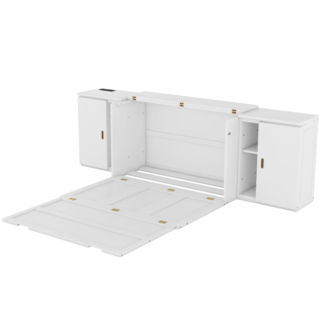 Full Size Murphy Bed with Shelves, Cabinets and USB Ports,White