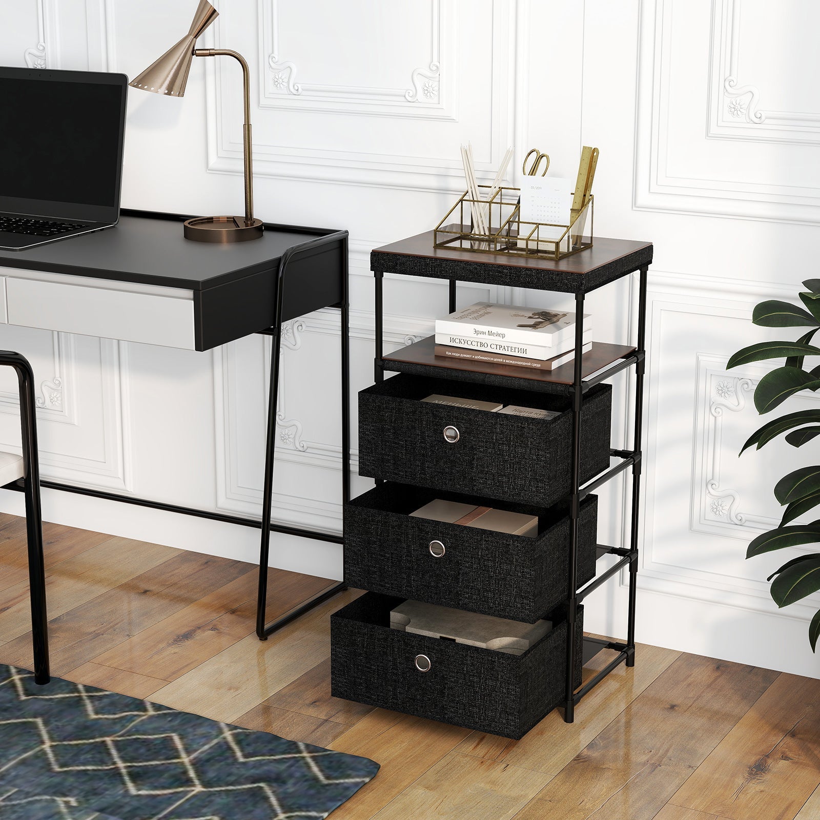 Dresser with 3/4 Drawers Fabric Storage Tower with Wood Top and Metal Frame