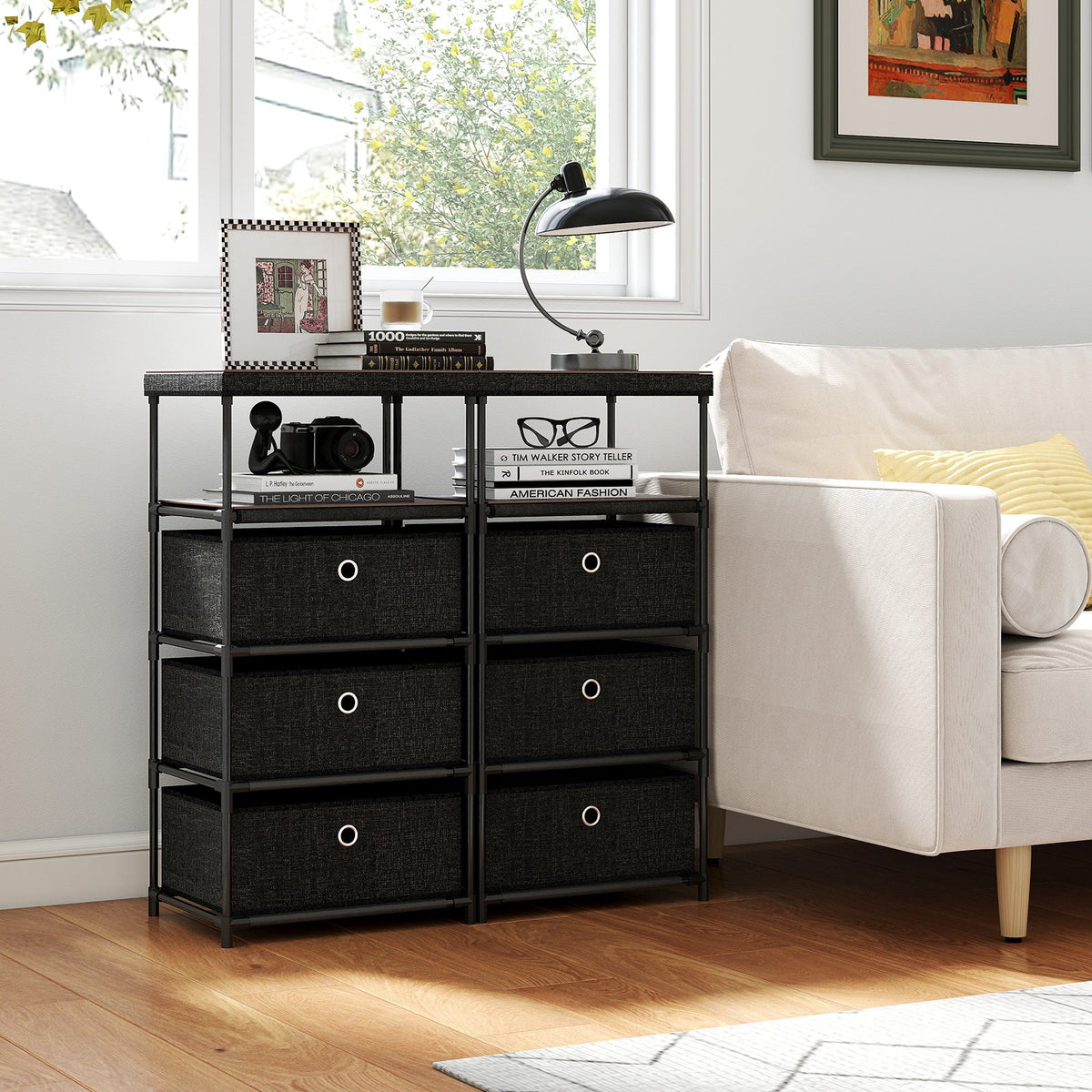 Dresser with 3/4 Drawers Fabric Storage Tower with Wood Top and Metal Frame
