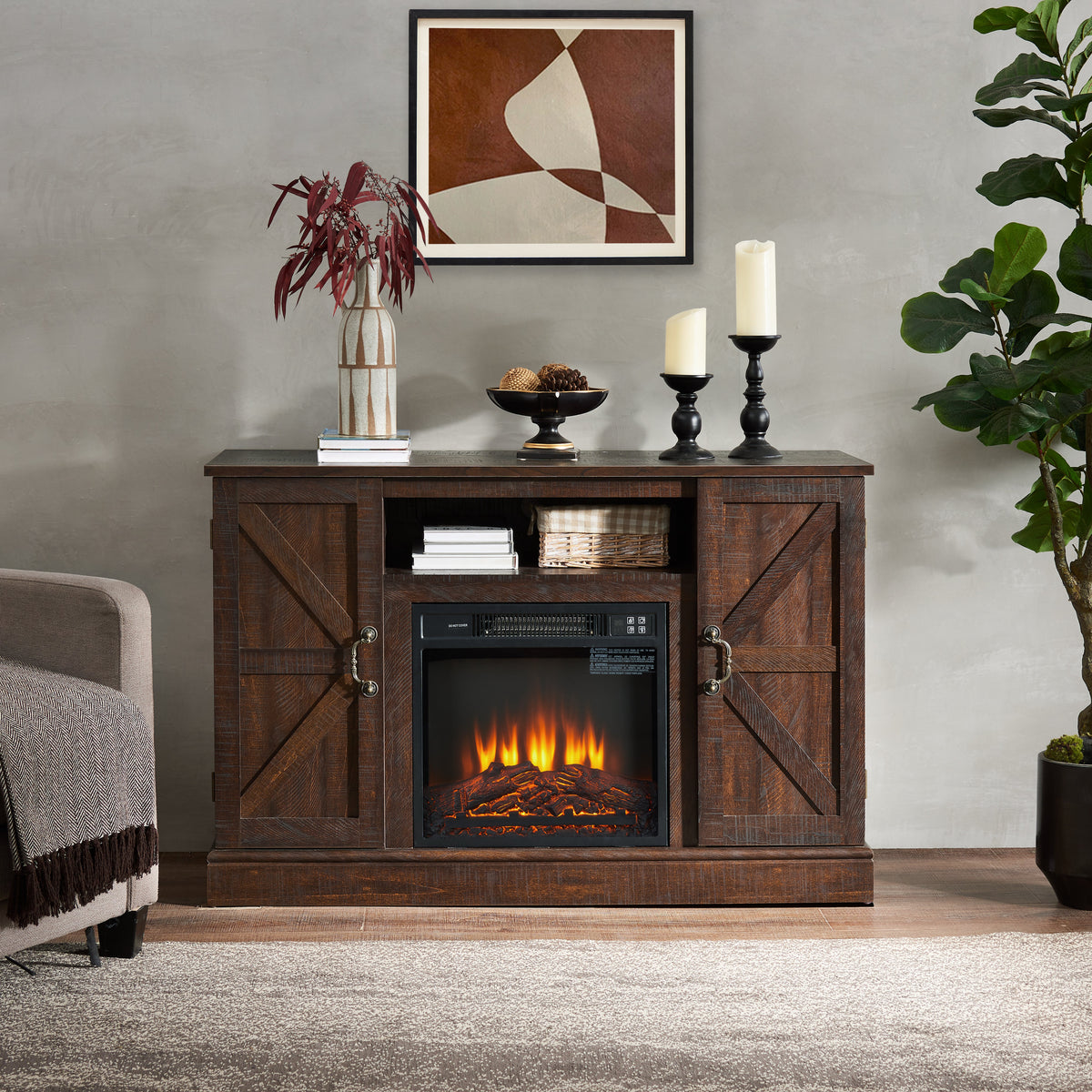 Farmhouse Classic Media TV Stand Antique Entertainment Console for TV up to 50" with 18" Electric Fireplace Insert