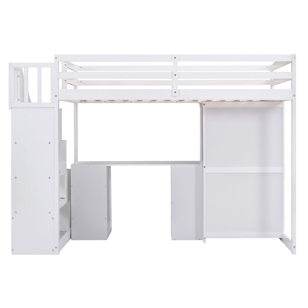Twin Size Loft Bed with Wardrobe and Staircase, Desk and Storage Drawers and Cabinet in 1  White
