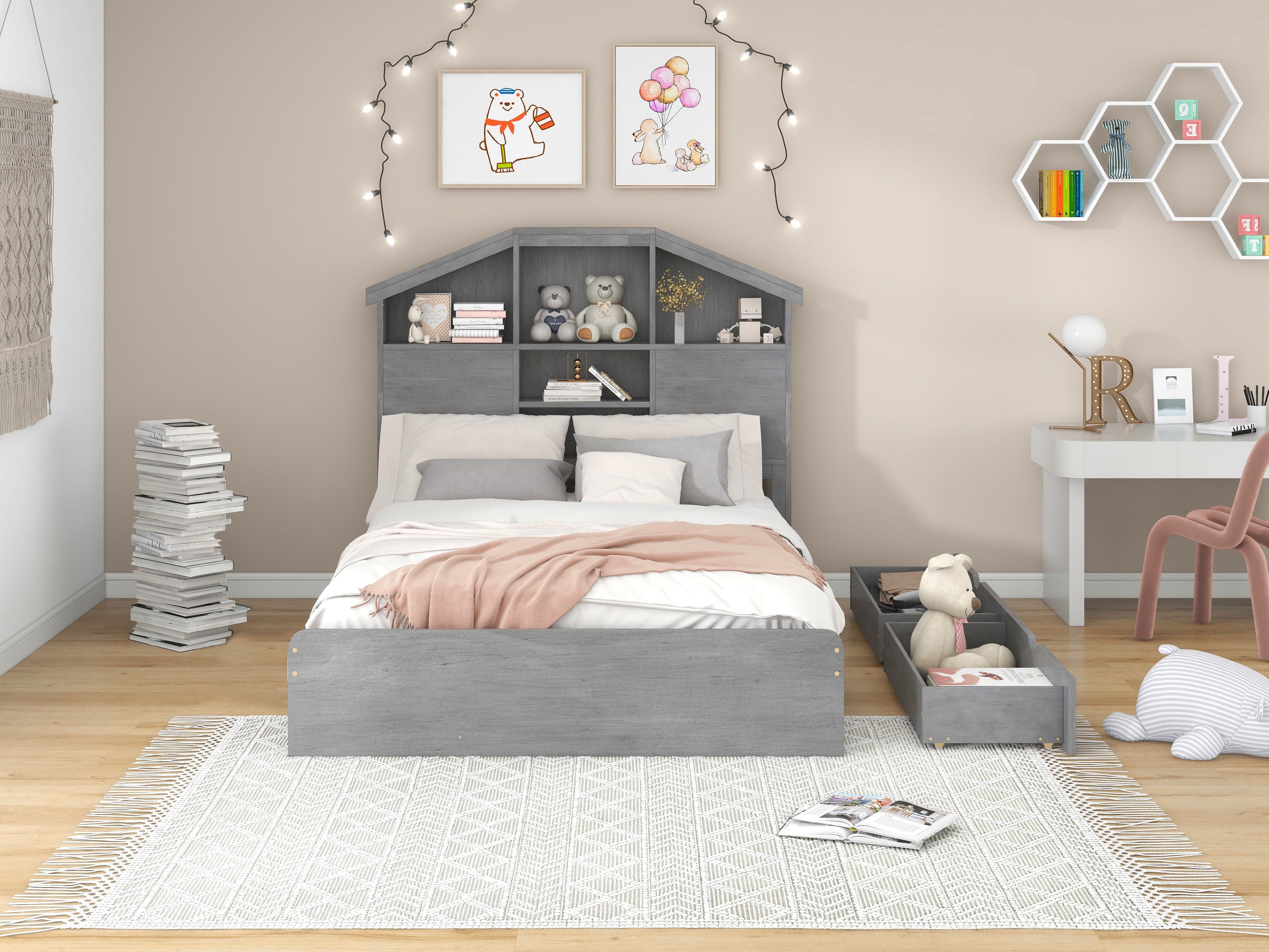 Full Size Wood Platform Bed with House-shaped Storage Headboard and 2 Drawers Gray