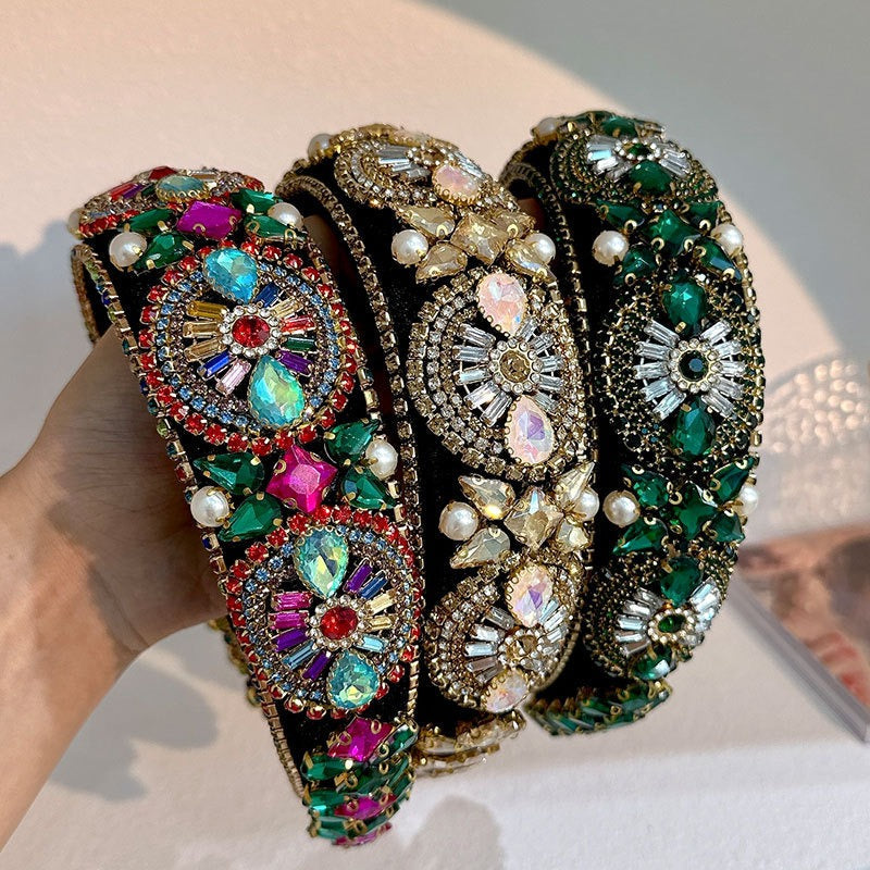 Super Sparkling Colored Diamond Pearl Baroque Retro Women's Sponge Head Hoop