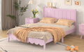 Full Size Wood Platform Bed Frame, Retro Style Bed with Rectangular Headboard,No Need Box Spring,Pink