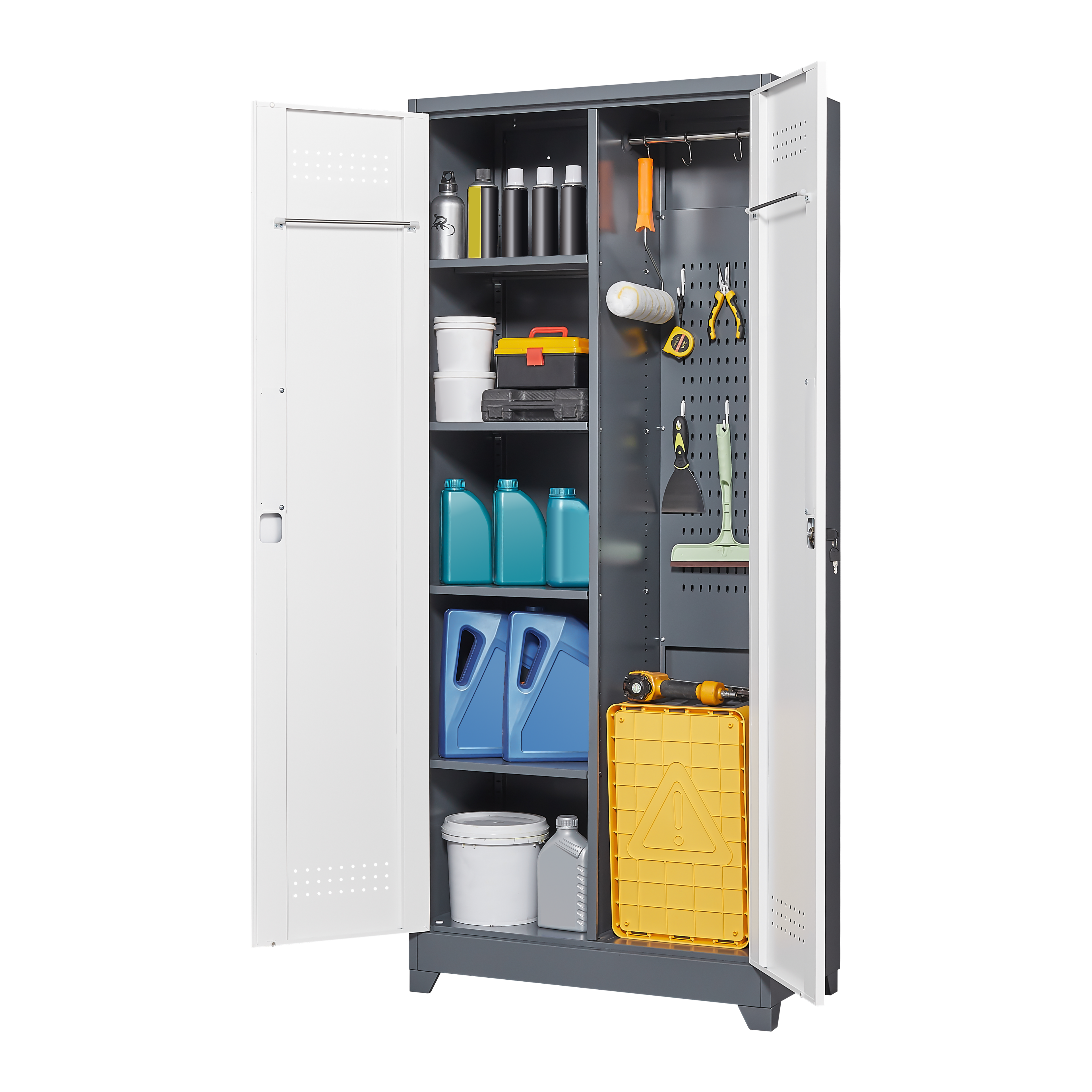 Metal storage cabinets, lockable cleaning tool cabinets, high broom tool organizers, and large storage cabinets in storage store