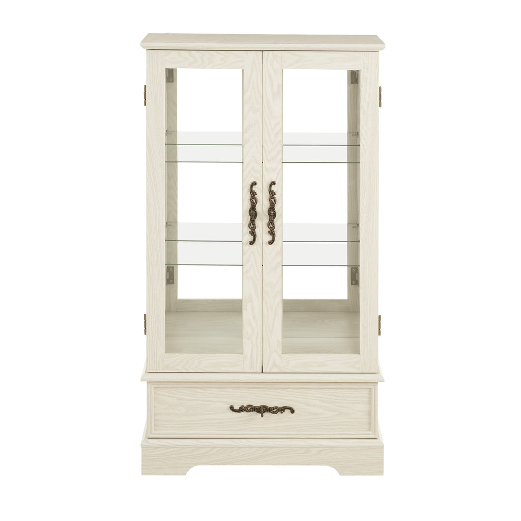 Light colored glass cabinet Curio display cabinet with adjustable glass frame, 2 doors and 1 drawer, including white light bulbs