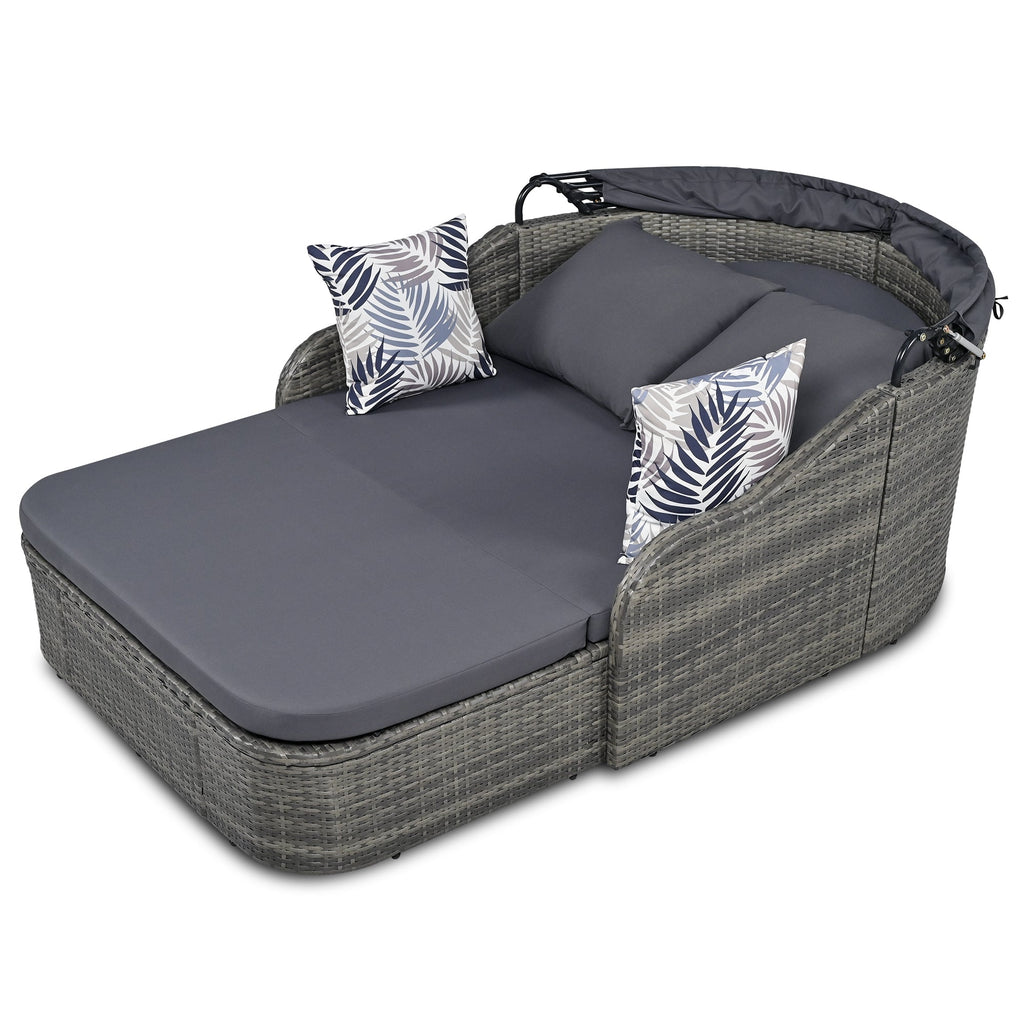 GO 79.9" Outdoor Sunbed with Adjustable Canopy, Double lounge, PE Rattan Daybed, Gray Wicker And Cushion