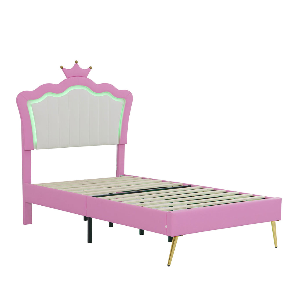 Twin Size Upholstered Bed Frame with LED Lights, Modern Upholstered Princess Bed with Crown Headboard, Pink+White