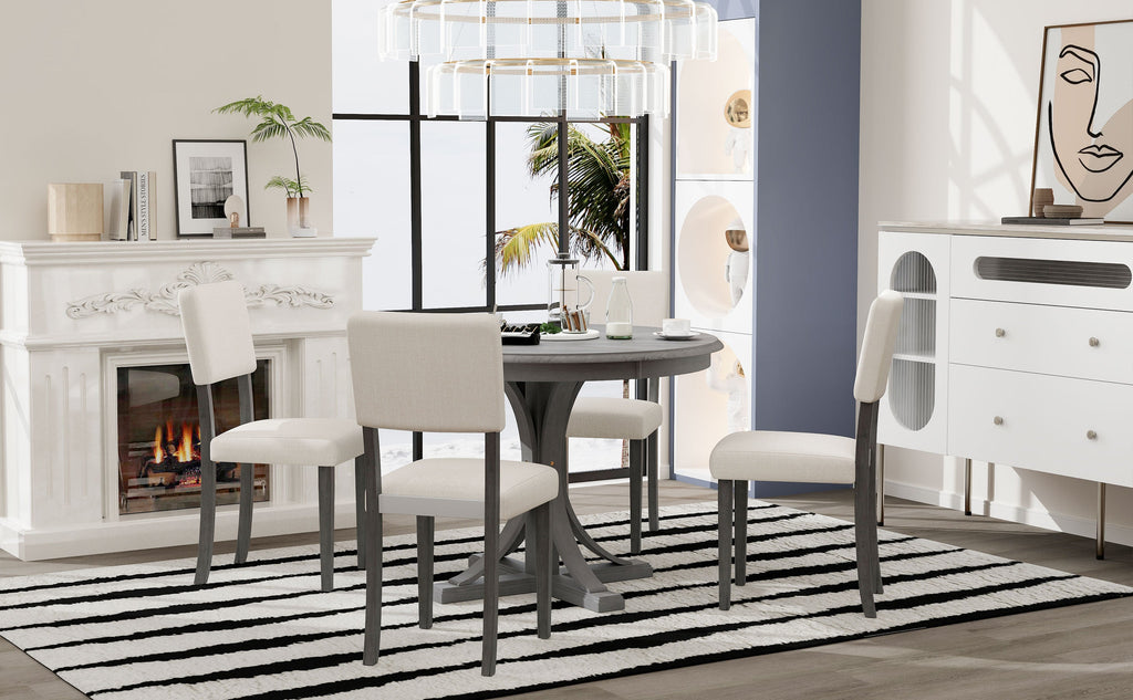 TREXM Five Piece Retro Round Dining Table Set with Curved Brackets and 4 Restaurant Cushioned Chairs (Dark Gray)