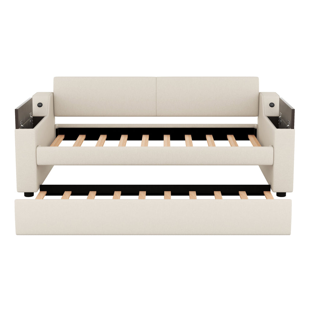 Twin Size Upholstery Daybed with Storage Arms  Trundle and USB Design Beige