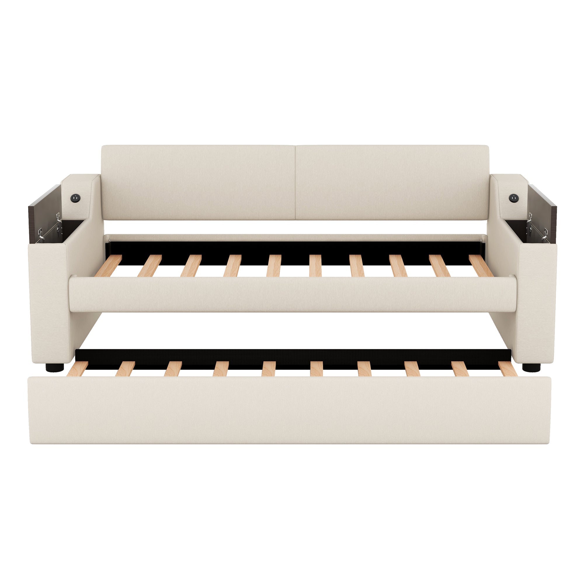 Twin Size Upholstery Daybed with Storage Arms  Trundle and USB Design Beige