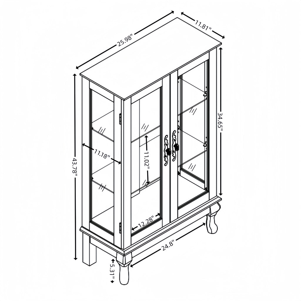 Dual door Curio cabinet with tempered glass doors, mirrored back panel and adjustable shelves, home lighting display cabinet Oak