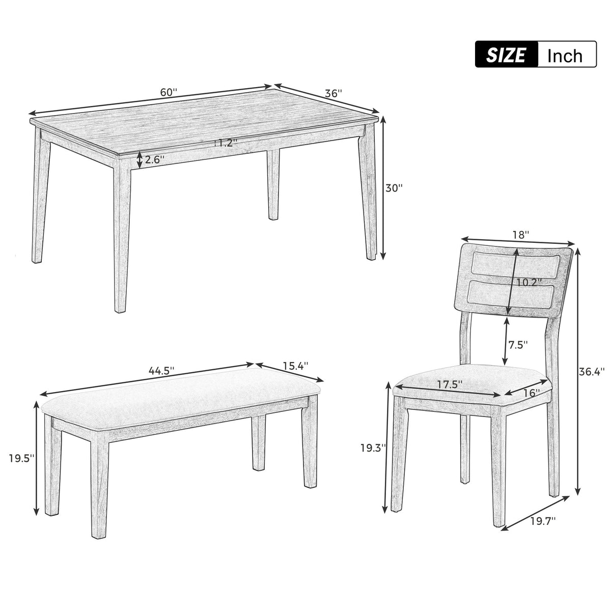 TREXM Classic and Traditional Style 6 - Piece Dining Set, Includes Dining Table, 4 Upholstered Chairs & Bench (Natural Wood Wash）