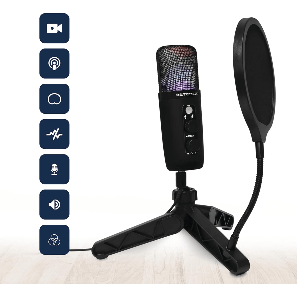 Emerson USB Gaming and Streaming Condenser Microphone with LED Lighting