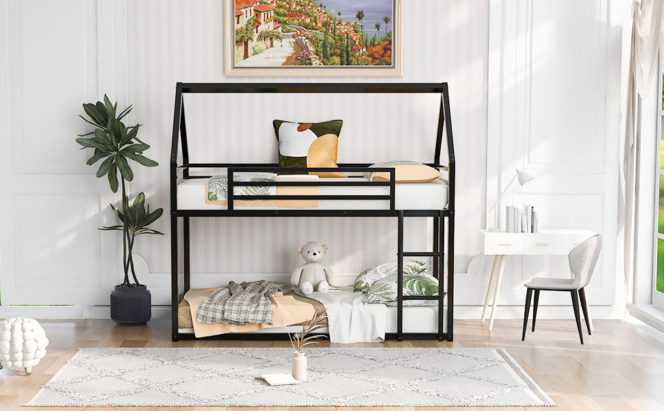 Twin over Twin House Bunk Bed with Built-in Ladder,Black