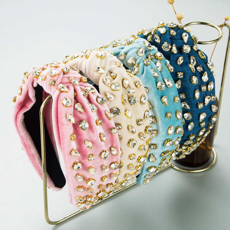 Exaggerated Fashion Hair Bands Female Corduroy Temperament Sweet Hair Ornaments Wide Side Knotted With Diamonds Headband