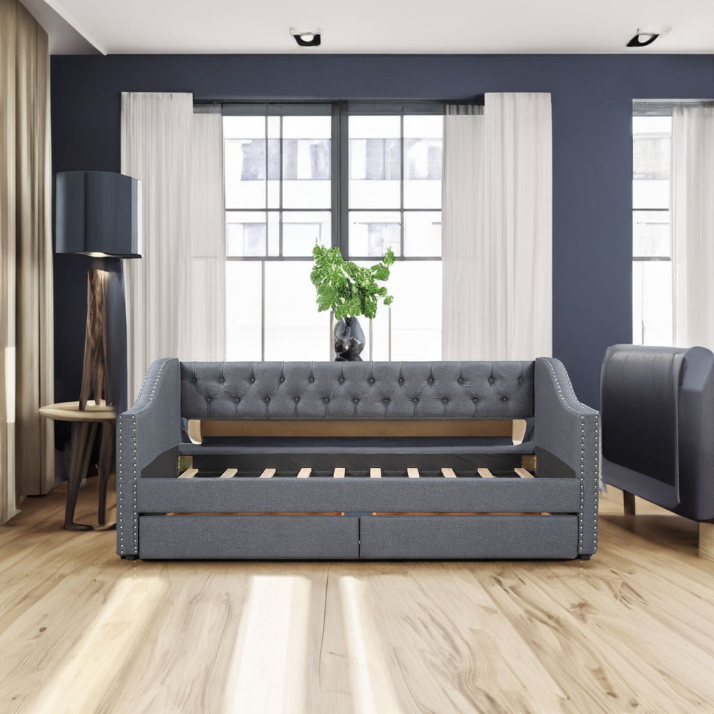 Upholstered Twin Size daybed with Two Drawers Wood Slat Support Gray