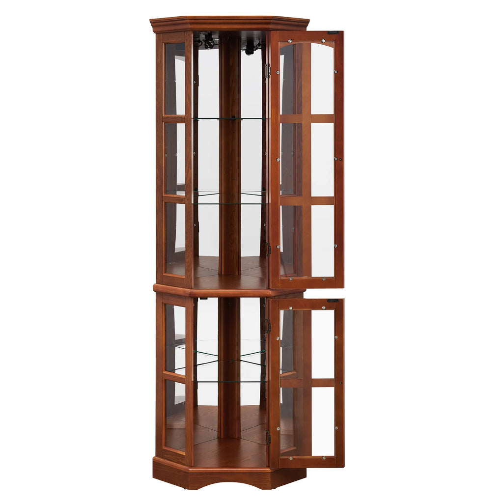 Corner Curio Cabinet with 5 Shelves and Lighting System, Oak(E26 light bulb not included)